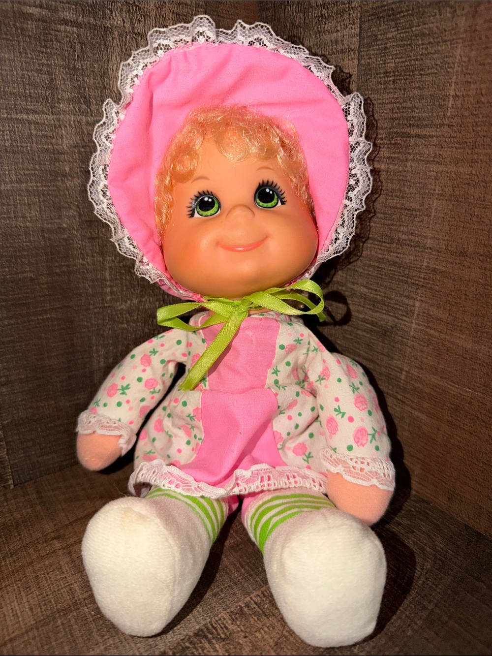 Vintage 1975 Mattel Baby Beans Doll Blonde Green Eyes Pink Floral Dress
